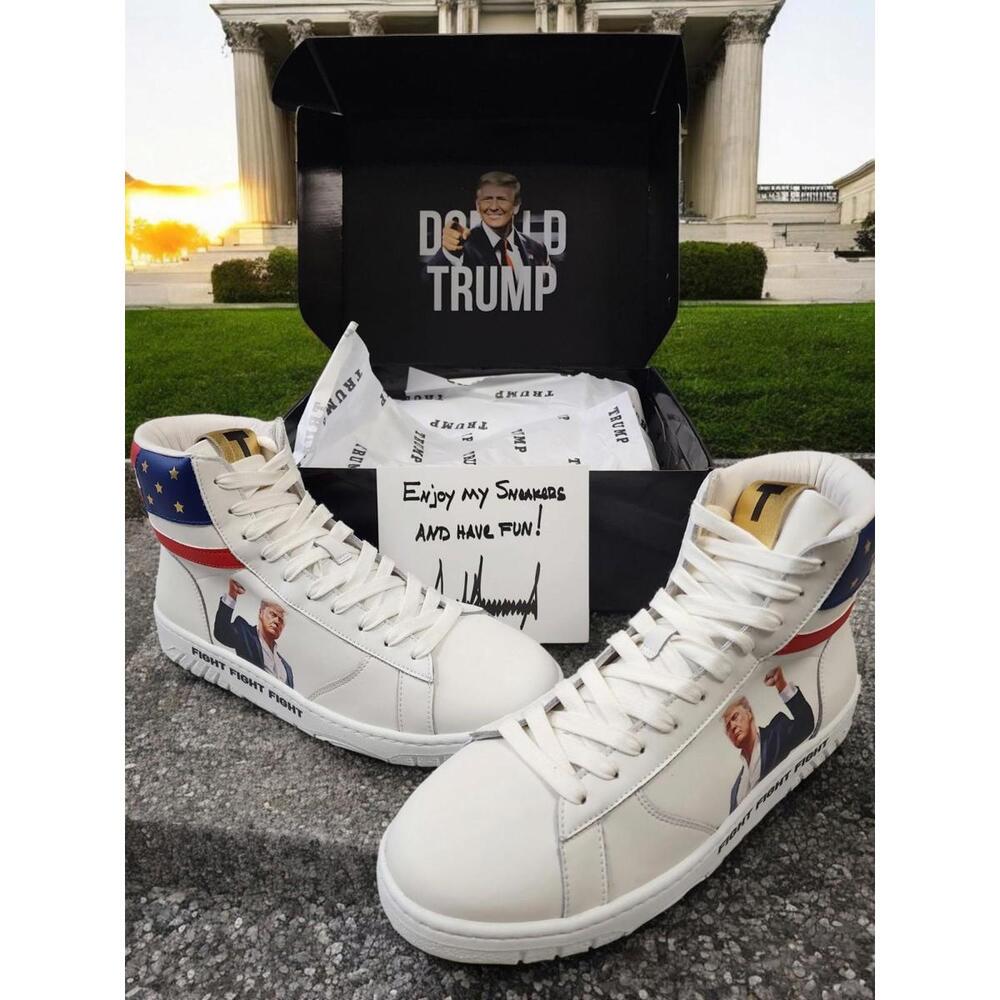 DONALD TRUMP FIGHT FIGHT HIGH WHITE TOP SNEAKER SIZE 11  PAIR#3512 READY TO SHIP